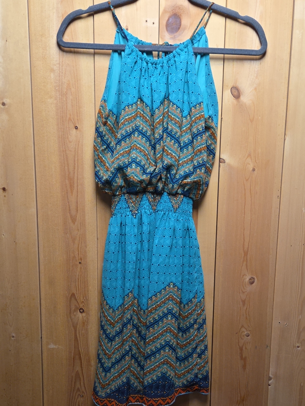 Teal Sleeveless Summer Dress with Chevron Print